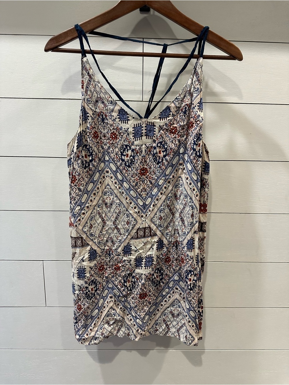 Angie Cream Tank Top with Navy & Rust Print- size Medium